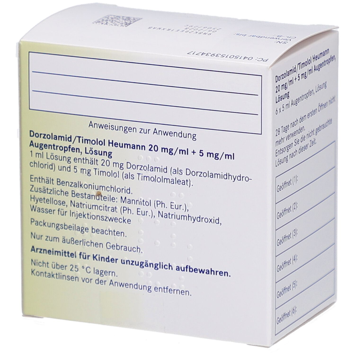 Weiße Faltschachtel, Detailansicht der Rückseite. Text: Anwendungshinweise, Inhaltsstoffe, Warnhinweise. Heumann Logo.