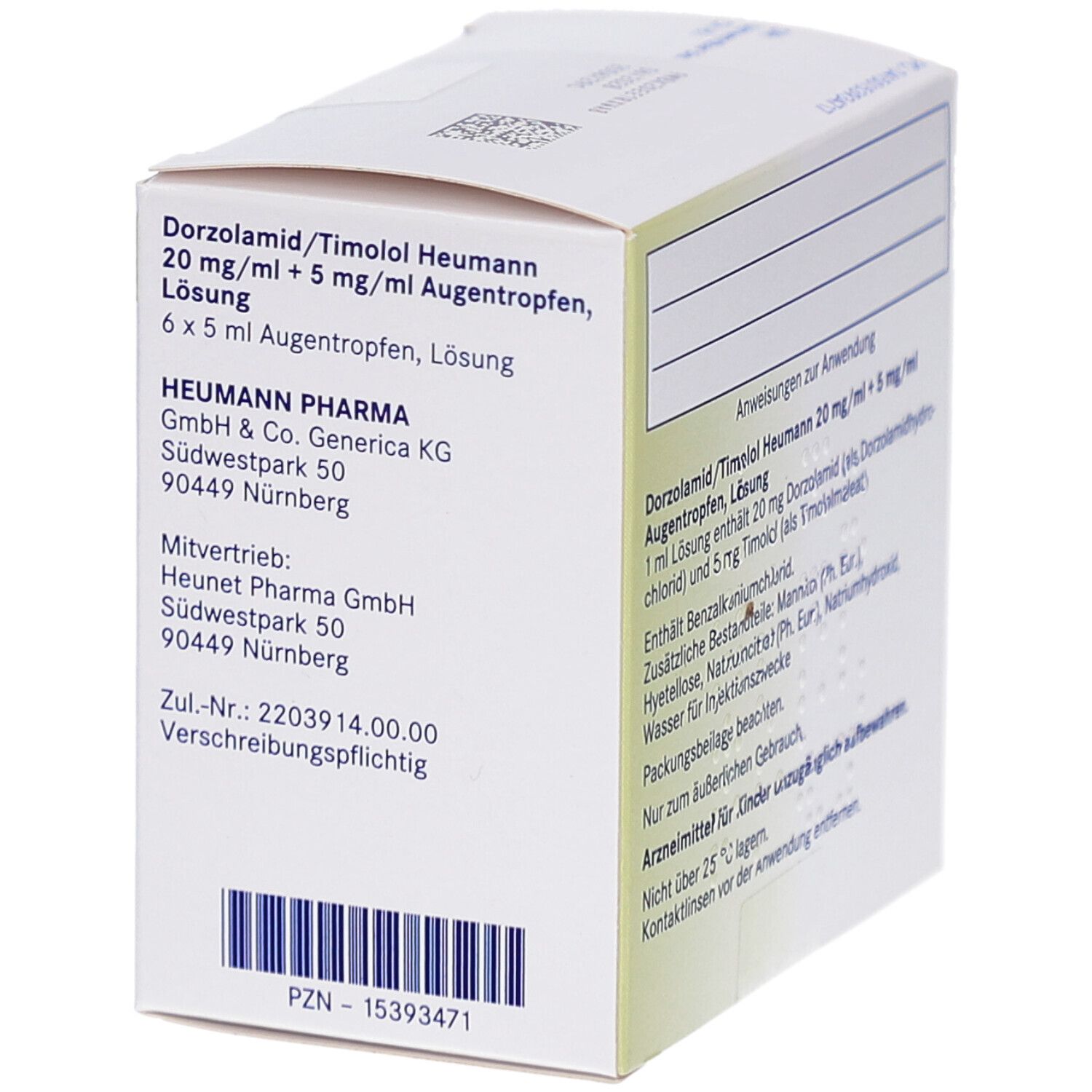 Weiße Faltschachtel, Seitenansicht. Aufdruck: Dorzolamid/Timolol Heumann Augentropfen. Heumann Logo. PZN-Nummer und Barcode.