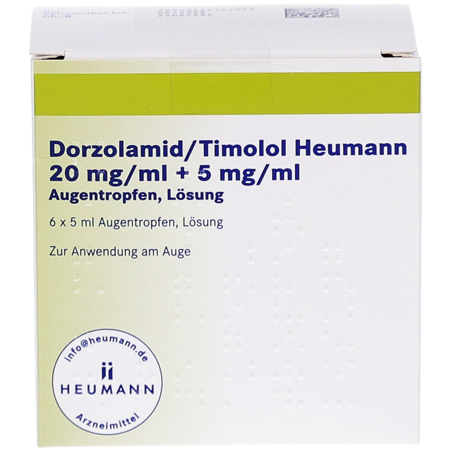 Weiße Faltschachtel mit grünen Akzenten. Aufdruck: Dorzolamid/Timolol Heumann Augentropfen. 6x5 ml Lösung. Heumann Logo.