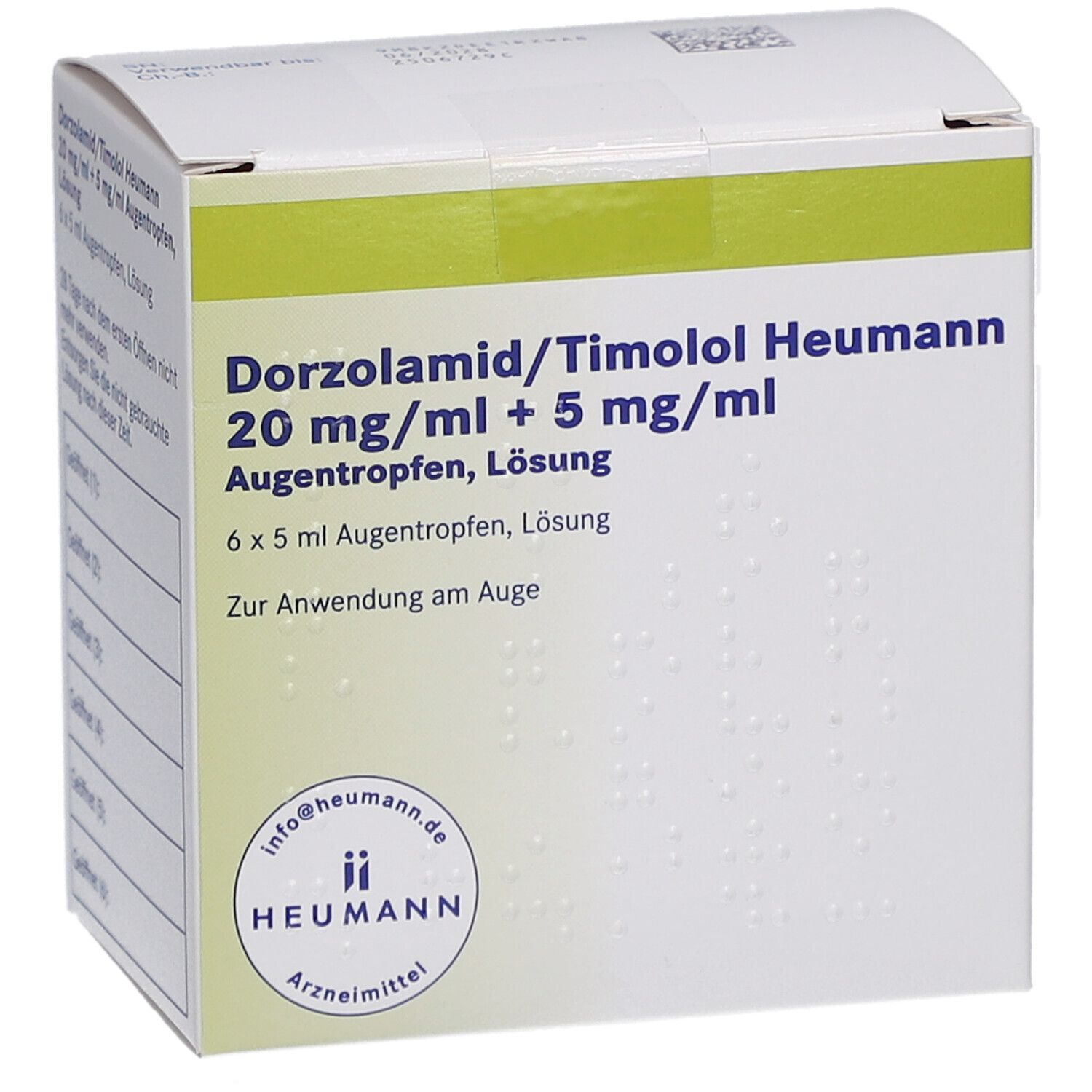Weiße Faltschachtel mit grünen Akzenten. Aufdruck: Dorzolamid/Timolol Heumann Augentropfen. 6x5 ml Lösung. Heumann Logo.
