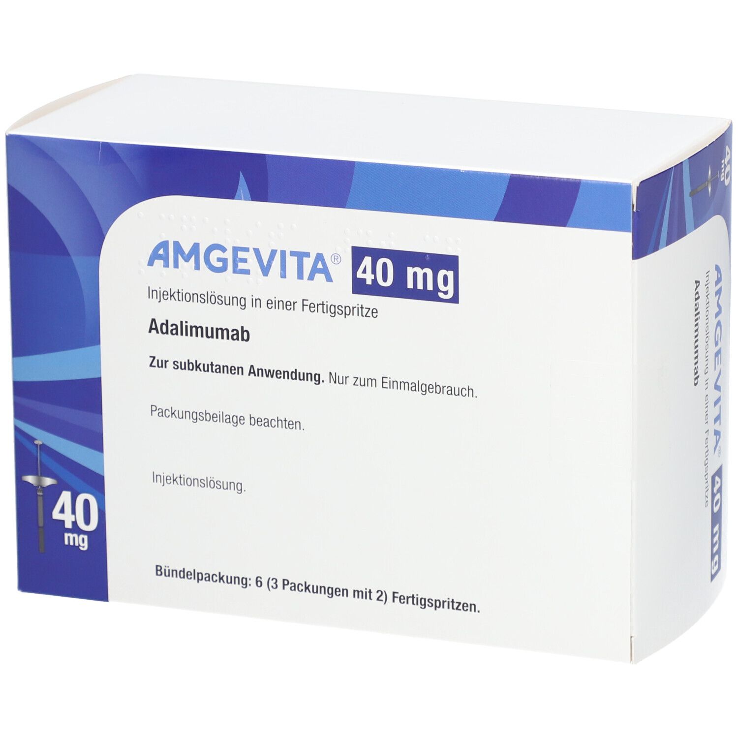 Schachtel AMGEVITA 40 mg. Fertigspritze. Blaue und weiße Verpackung. Text: Adalimumab, Injektionslösung, 6 Packungen mit 2 Fertigspritzen.
