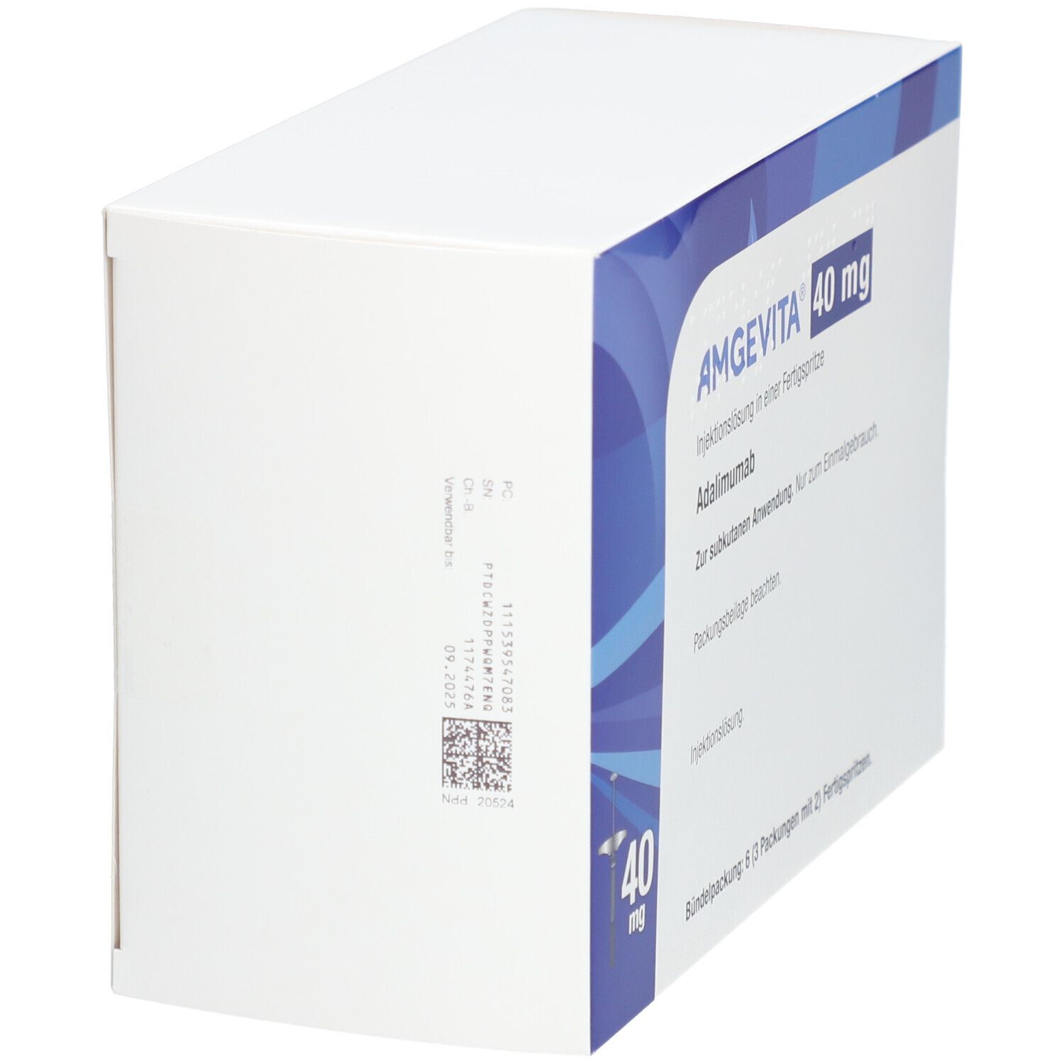 AMGEVITA 40 mg Schachtel, weiße Verpackung mit blauem Design. Text: Adalimumab, Injektionslösung, 6 Packungen mit 2 Fertigspritzen. Barcode.