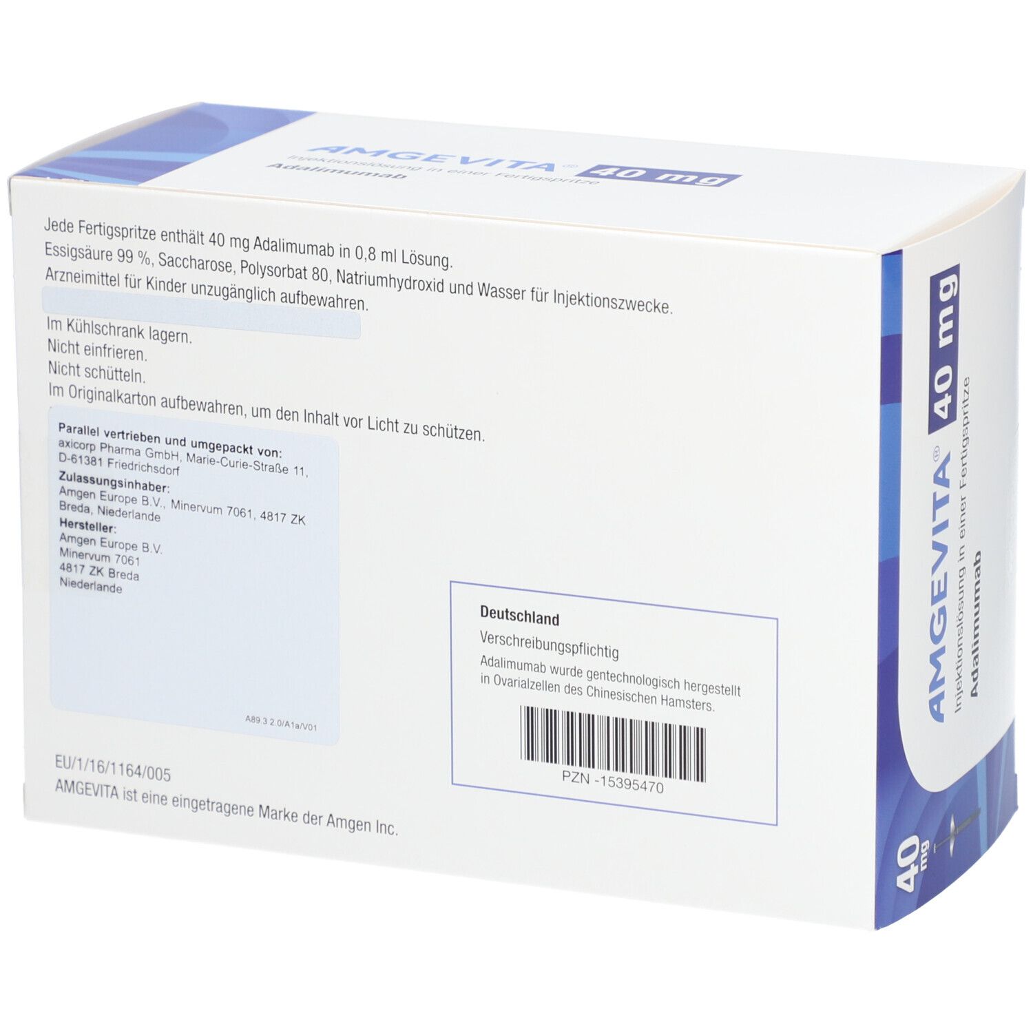 Rückseite der AMGEVITA 40 mg Schachtel. Text: Adalimumab, Inhaltsstoffe, Herstellerinformationen, PZN-Nummer, Chargennummer, Haltbarkeit.