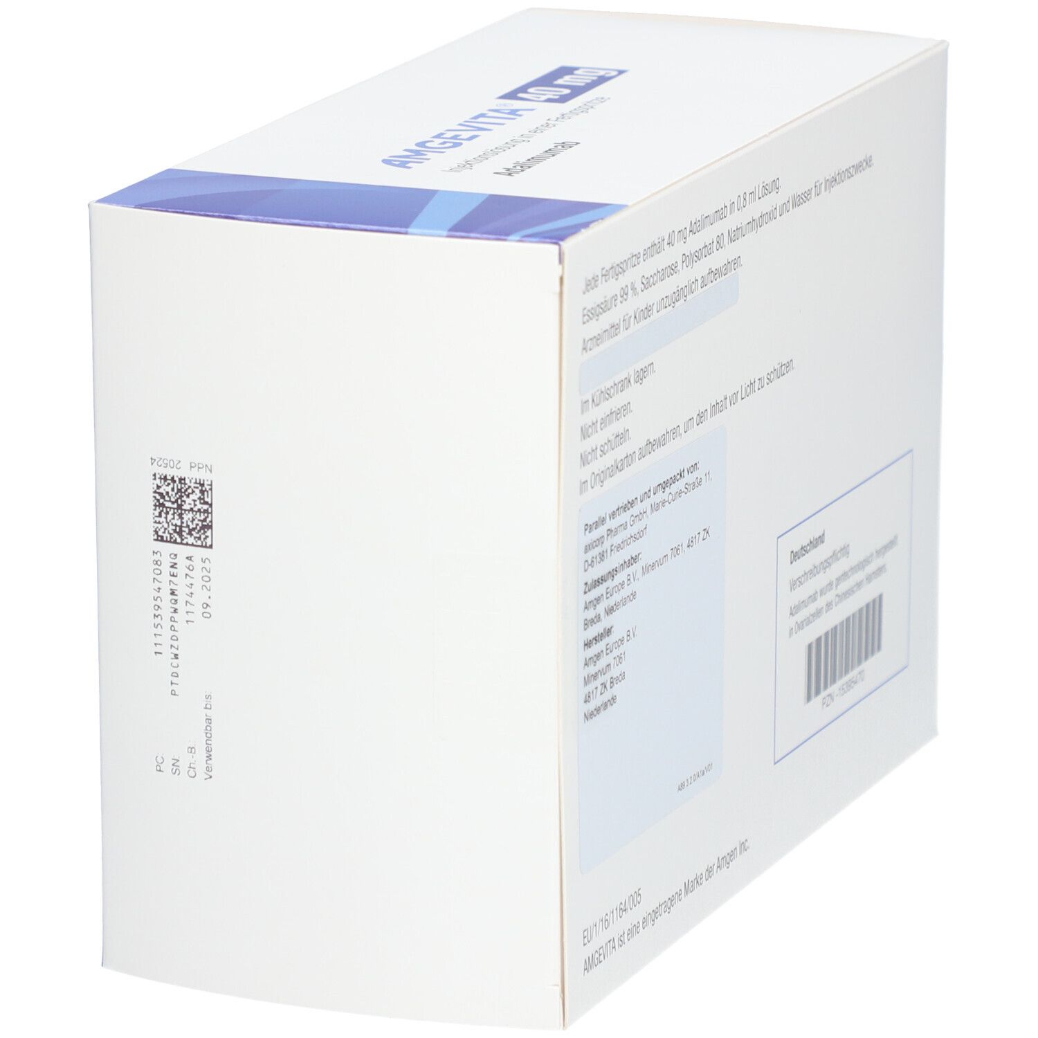 Seite der AMGEVITA 40 mg Schachtel. Text: Adalimumab, Inhaltsstoffe, Herstellerinformationen, Chargennummer, Haltbarkeit, Barcode.