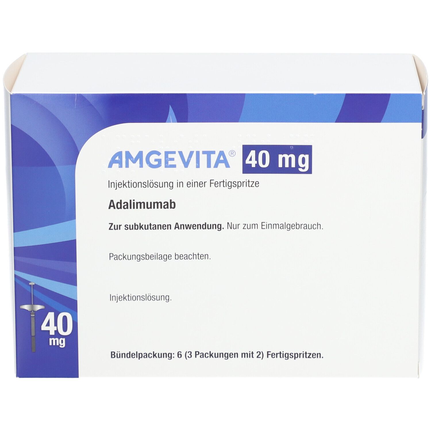 AMGEVITA 40 mg Schachtel, Vorderseite. Text: Adalimumab, Injektionslösung, zur subkutanen Anwendung, 6 Packungen mit 2 Fertigspritzen.