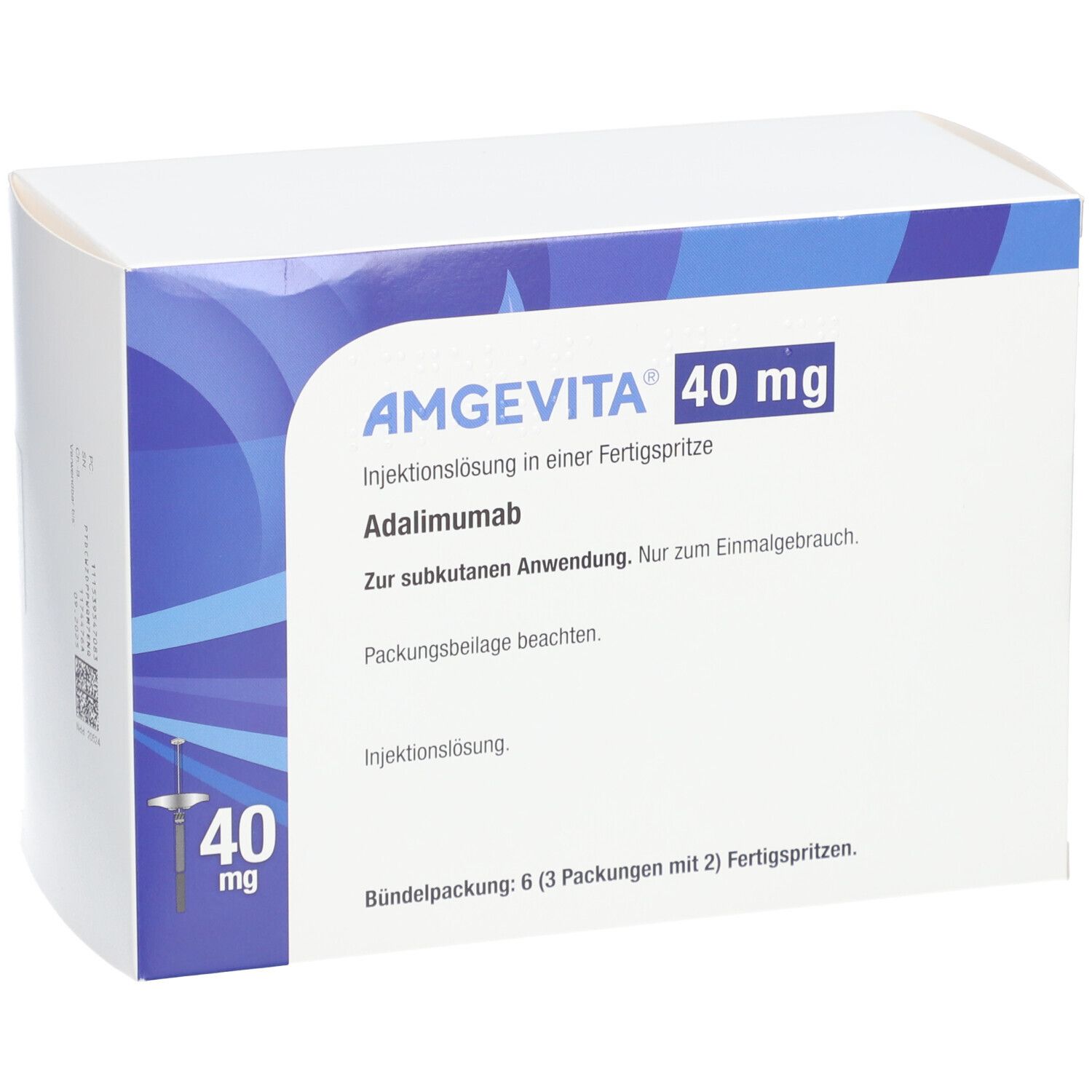 AMGEVITA 40 mg Schachtel, Vorderseite. Text: Adalimumab, Injektionslösung, zur subkutanen Anwendung, 6 Packungen mit 2 Fertigspritzen.
