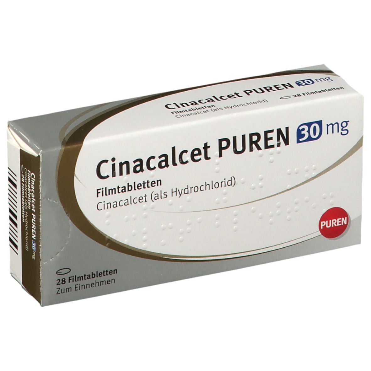 Schachtel mit Cinacalcet PUREN 30 mg Filmtabletten. Weiße Verpackung mit blauer und grauer Schrift. Roter PUREN-Kreis.