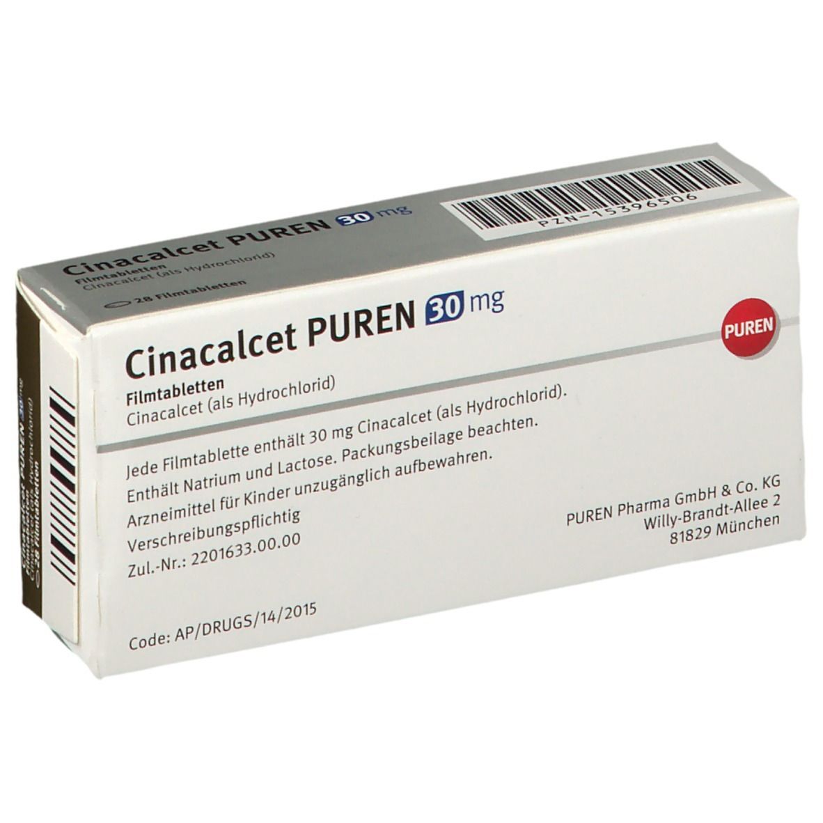 Schachtel Cinacalcet PUREN 30 mg. Weiße Verpackung mit Barcode und Text. Roter PUREN-Kreis. Text in Deutsch.