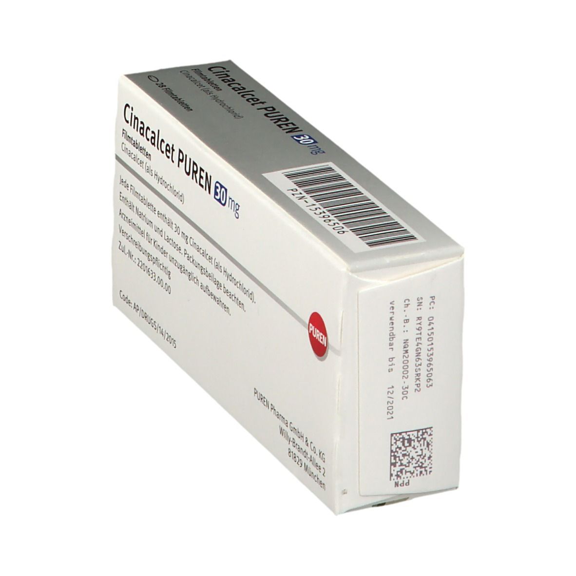 Schachtel Cinacalcet PUREN 30 mg. Weiße Verpackung mit Text und Barcode. Roter PUREN-Kreis. Text in Deutsch.