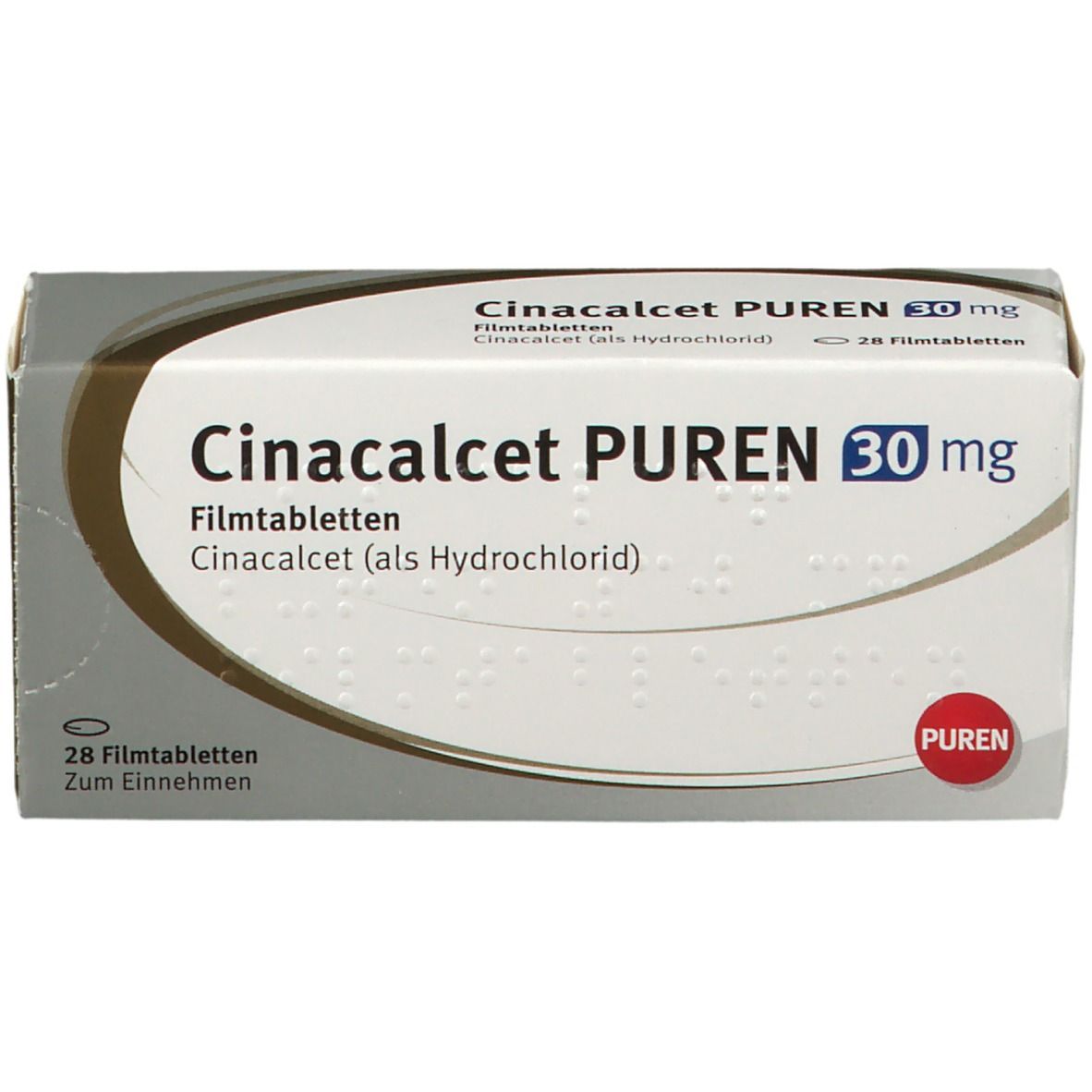 Schachtel Cinacalcet PUREN 30 mg Filmtabletten. Weiße Verpackung mit blauer und grauer Schrift. Roter PUREN-Kreis.