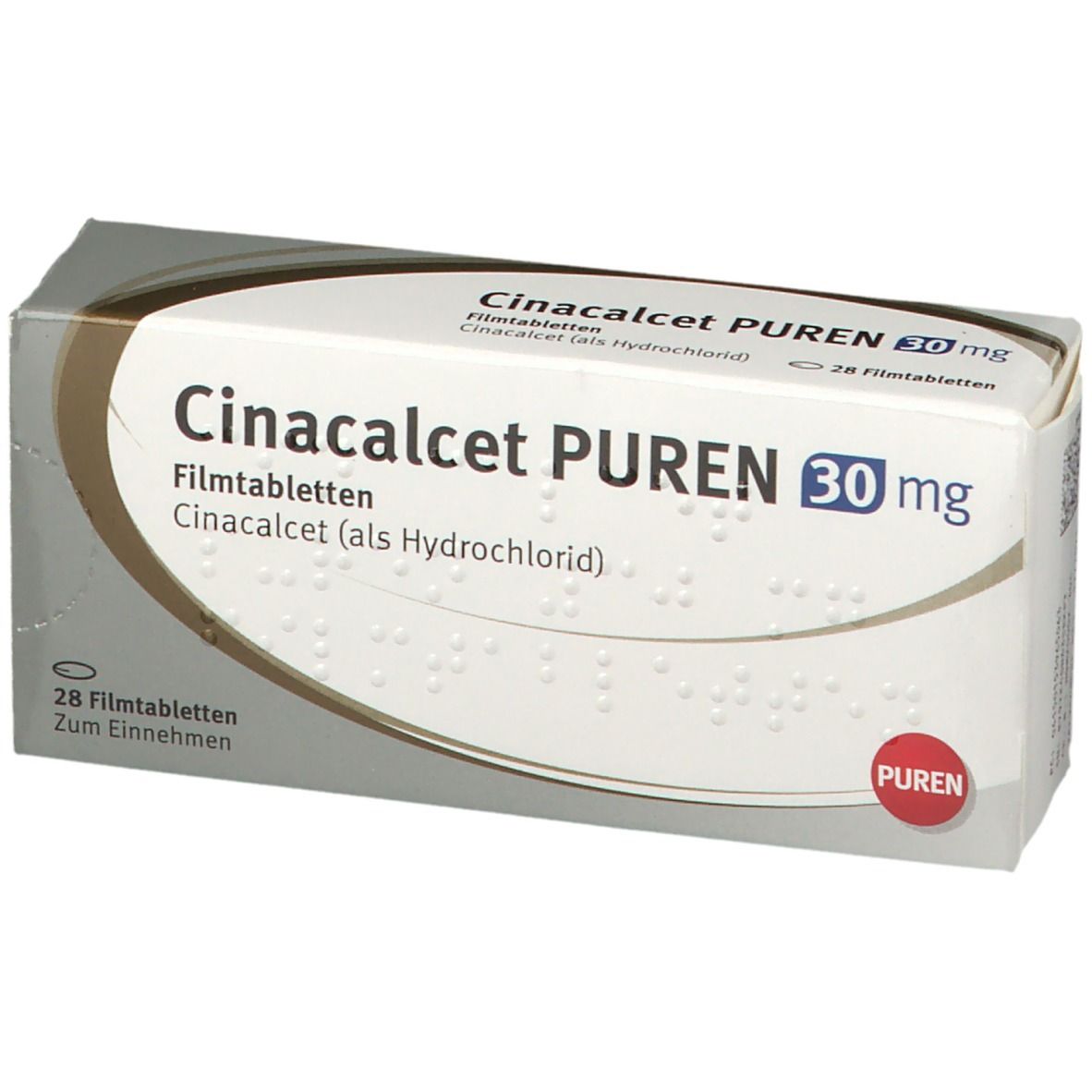 Schachtel Cinacalcet PUREN 30 mg Filmtabletten. Weiße Verpackung mit blauer und grauer Schrift. Roter PUREN-Kreis.
