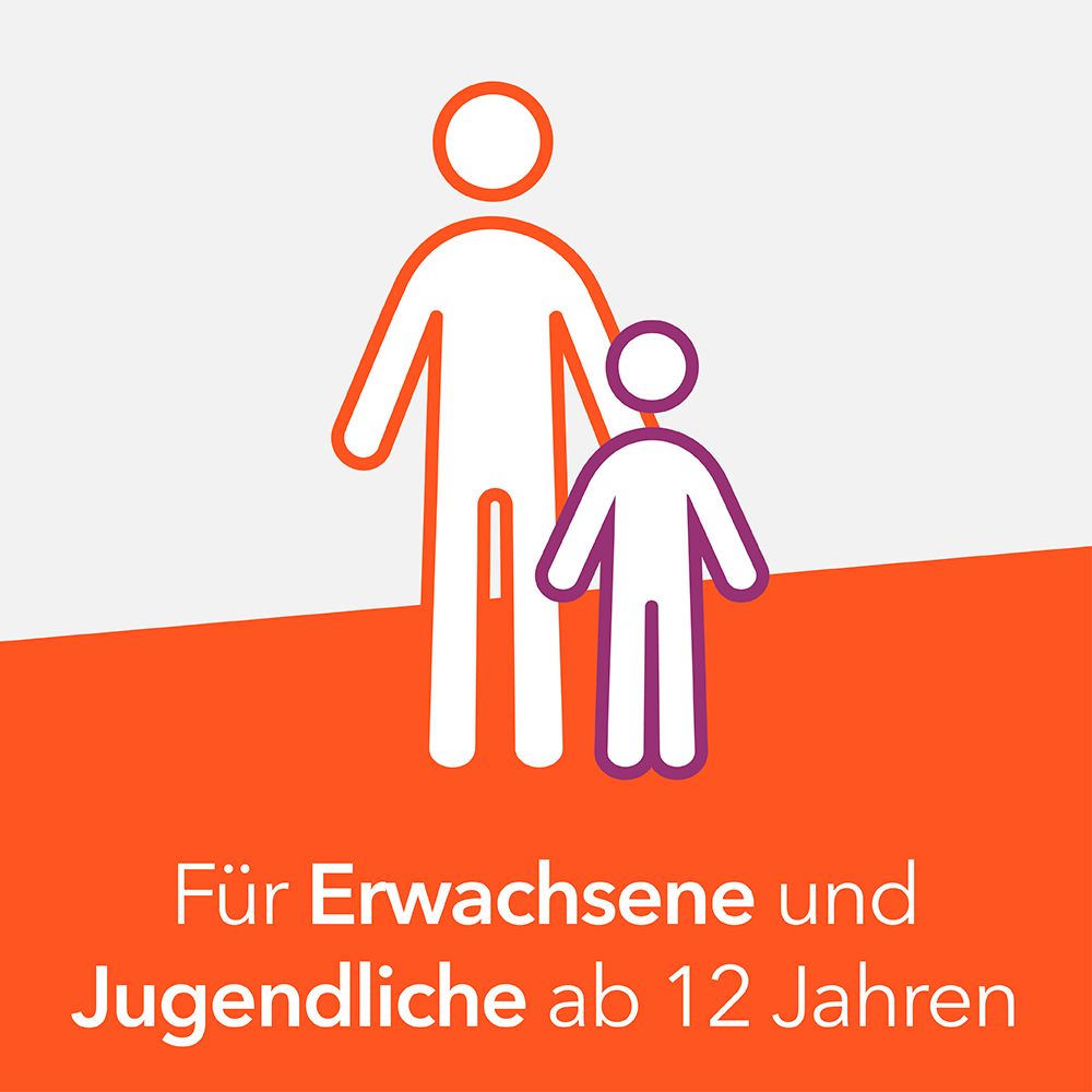 Symbol: Erwachsener und Kind. Text: Für Erwachsene und Jugendliche ab 12 Jahren. Hintergrund: orangefarben.