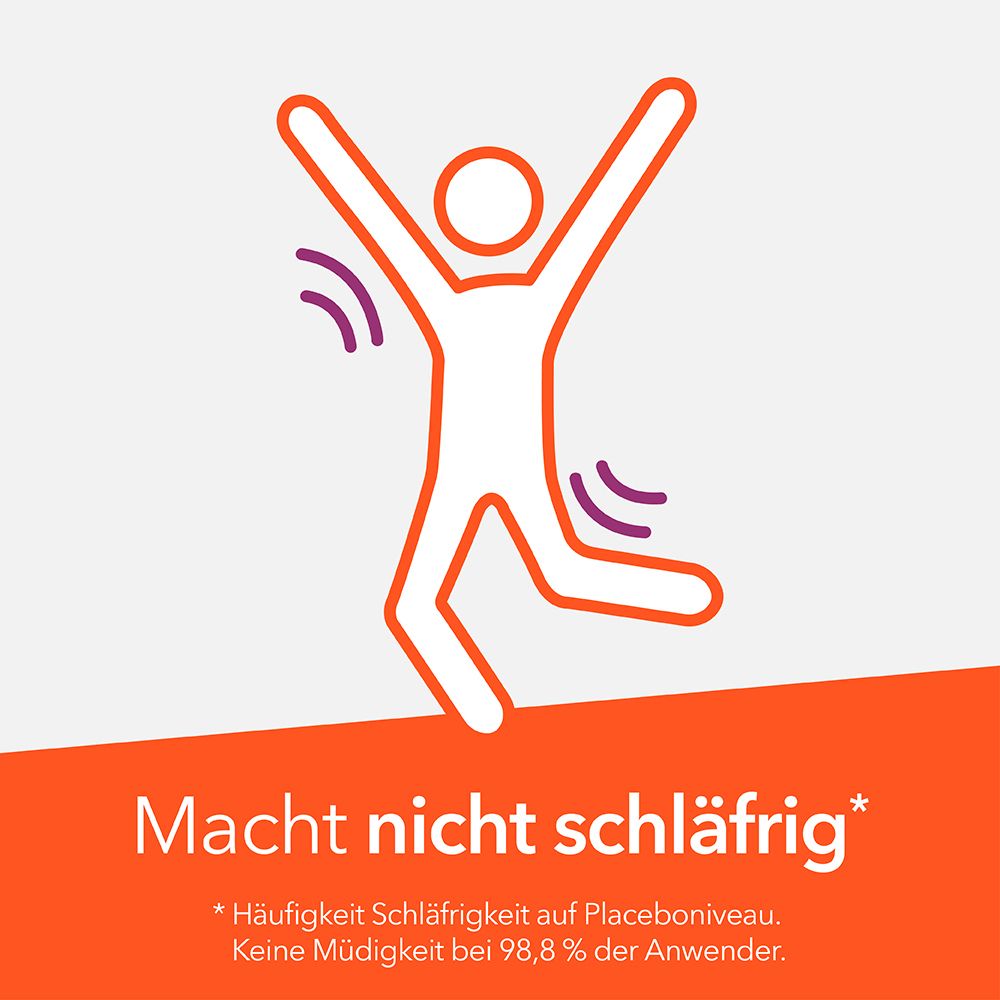 Figur springt. Text: Macht nicht schläfrig. Hintergrund: orangefarben.