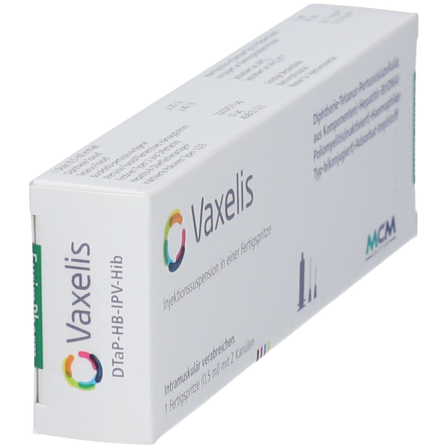 Vaxelis-Packung, schräg. DTaP-HB-IPV-Hib. Injektionssuspension in Fertigspritze. MCM-Logo. EurimPharm-Logo.