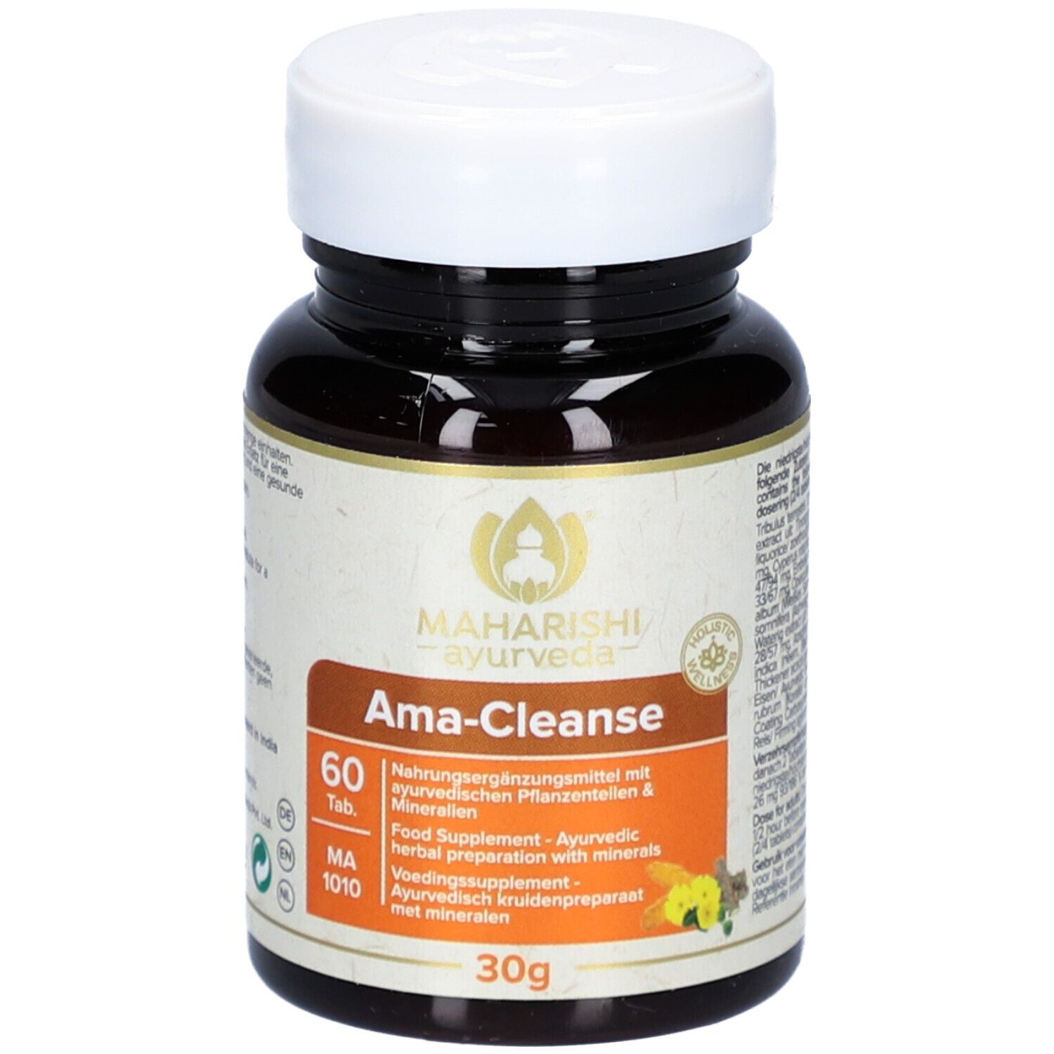 Braune Tablettenflasche mit weißem Deckel. Aufschrift: Maharishi Ayurveda, Ama-Cleanse, 60 Tabletten, MA 1010. 30g.