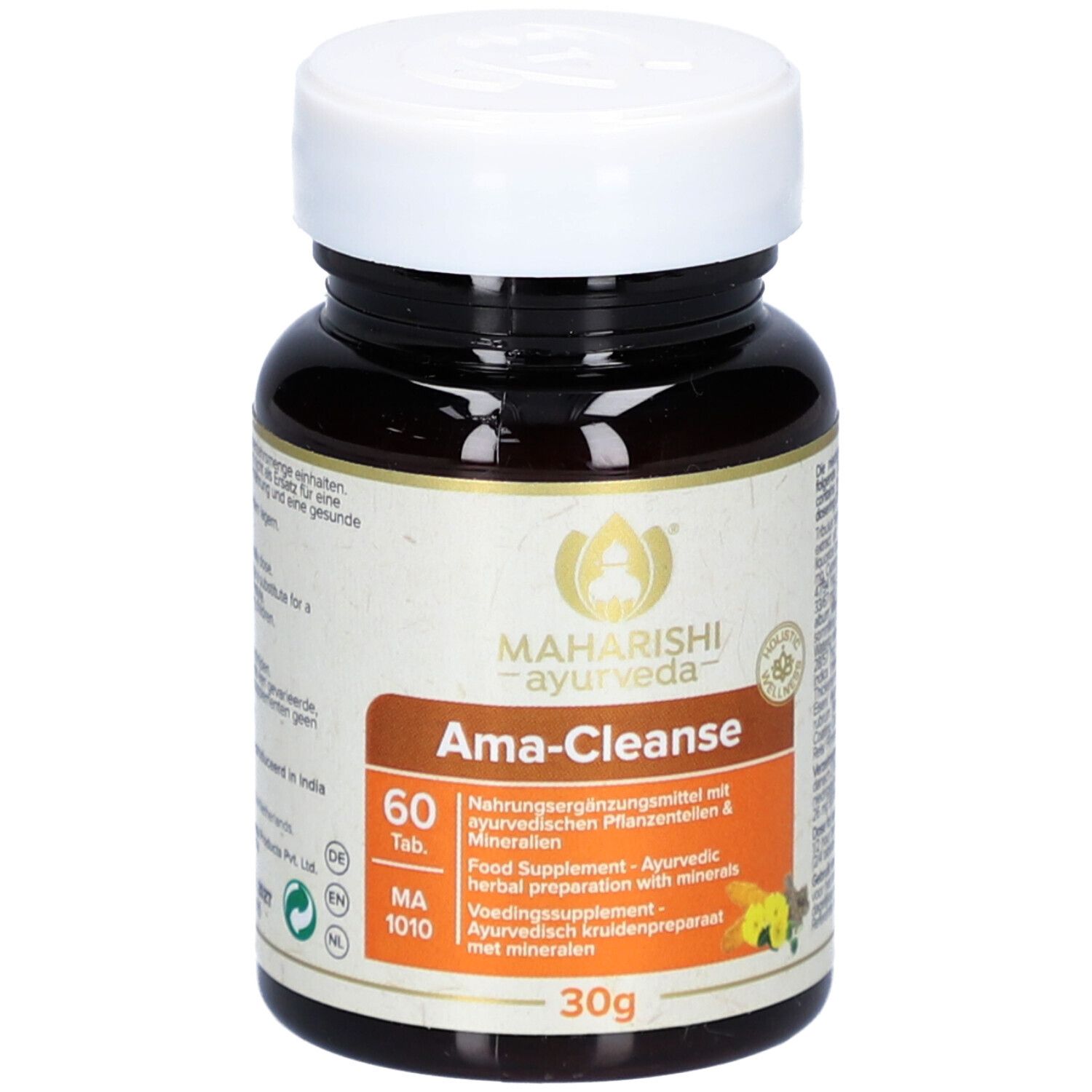 Braune Tablettenflasche mit weißem Deckel. Aufschrift: Maharishi Ayurveda, Ama-Cleanse, 60 Tabletten, MA 1010. 30g.