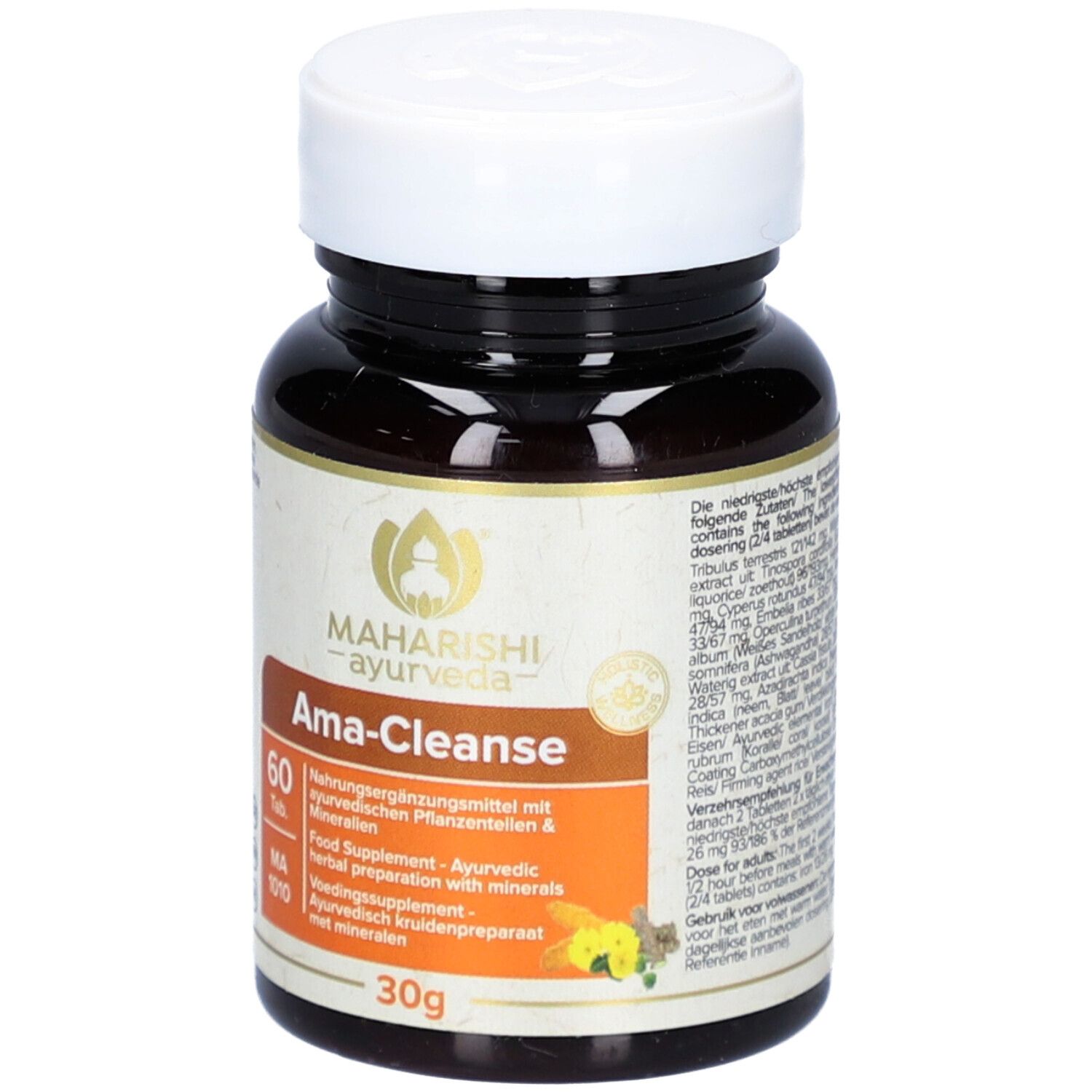 Braune Tablettenflasche mit weißem Deckel. Aufschrift: Maharishi Ayurveda, Ama-Cleanse, 60 Tabletten, MA 1010. 30g.