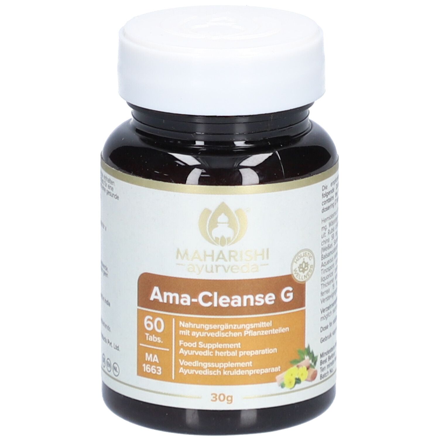 Braune Tablettenflasche mit weißem Deckel. Aufschrift: Maharishi Ayurveda, Ama-Cleanse G, 60 Tabletten. 30g.