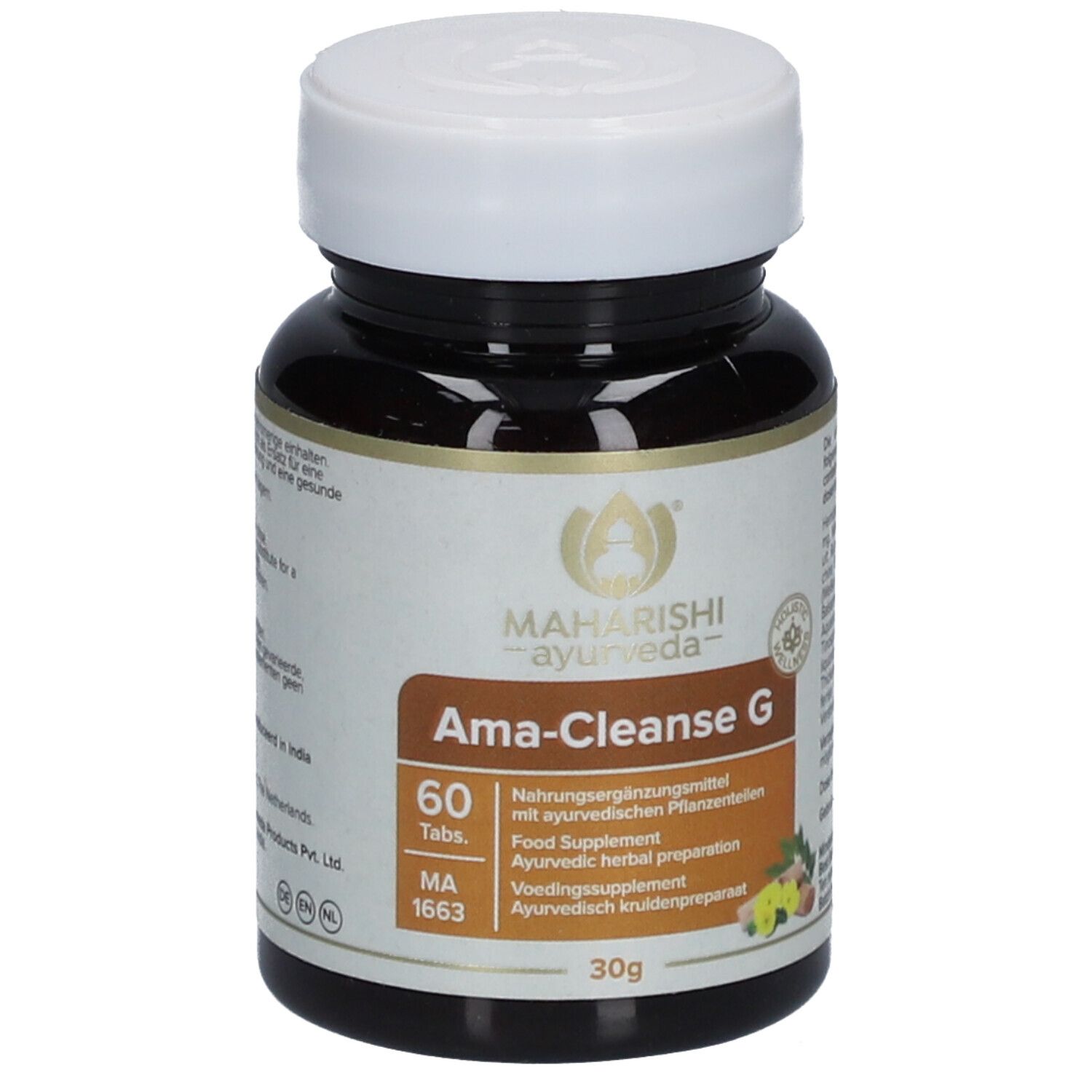 Braune Tablettenflasche mit weißem Deckel. Aufschrift: Maharishi Ayurveda, Ama-Cleanse G, 60 Tabletten. 30g.