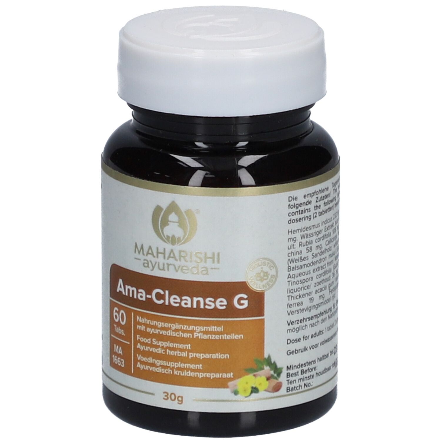 Braune Tablettenflasche mit weißem Deckel. Aufschrift: Maharishi Ayurveda, Ama-Cleanse G, 60 Tabletten. 30g. Detailansicht.
