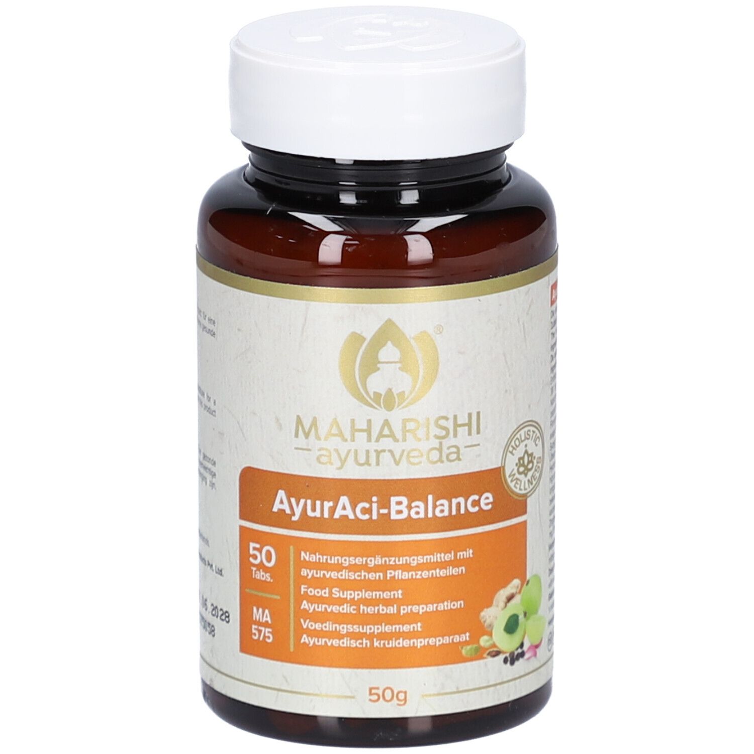 Braune Tablettenflasche mit weißem Deckel. Aufschrift: Maharishi Ayurveda, AyurAci-Balance, 50 Tabletten. Mit Logo und Produktinformationen.
