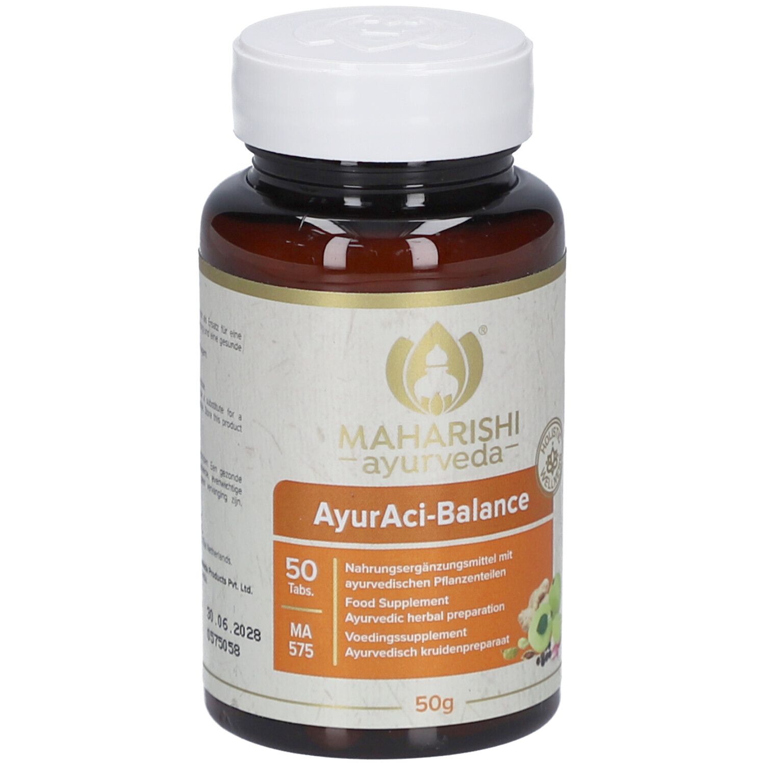 Braune Tablettenflasche mit weißem Deckel. Aufschrift: Maharishi Ayurveda, AyurAci-Balance, 50 Tabletten. Mit Logo und Produktinformationen.