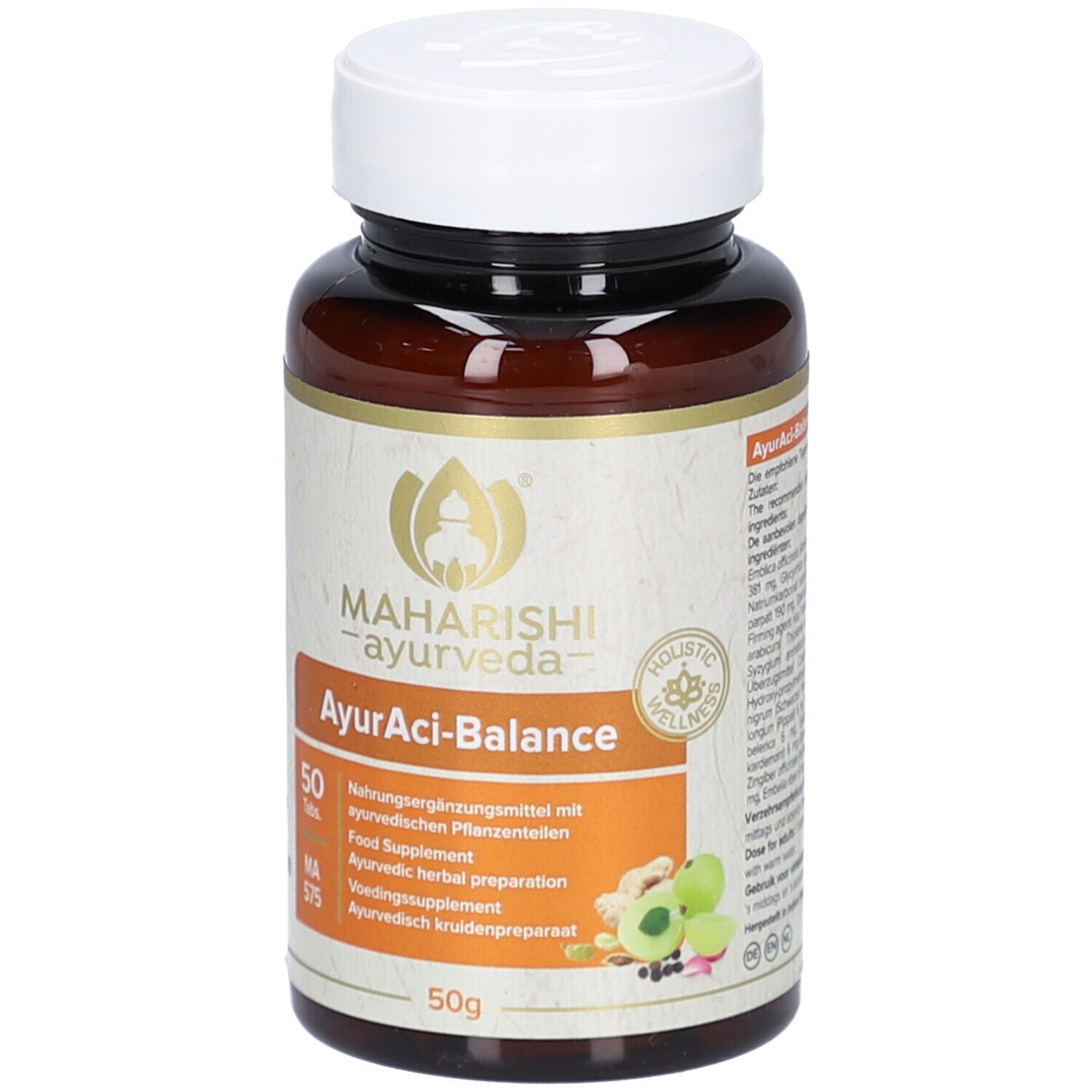 Braune Tablettenflasche mit weißem Deckel. Aufschrift: Maharishi Ayurveda, AyurAci-Balance, 50 Tabletten. Mit Logo und Produktinformationen.