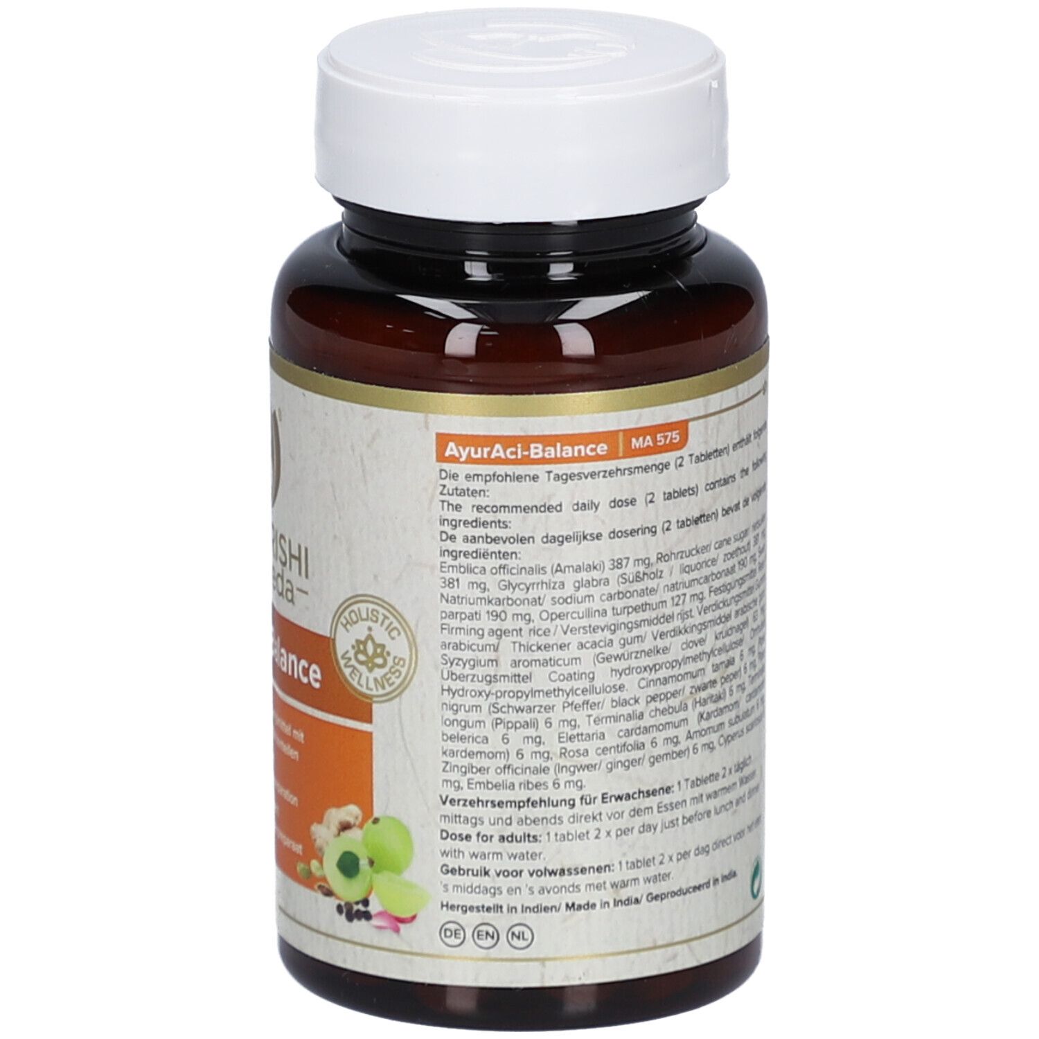 Rückseite der Tablettenflasche. Textinformationen in mehreren Sprachen. Auflistung der Inhaltsstoffe und Dosierungshinweise.