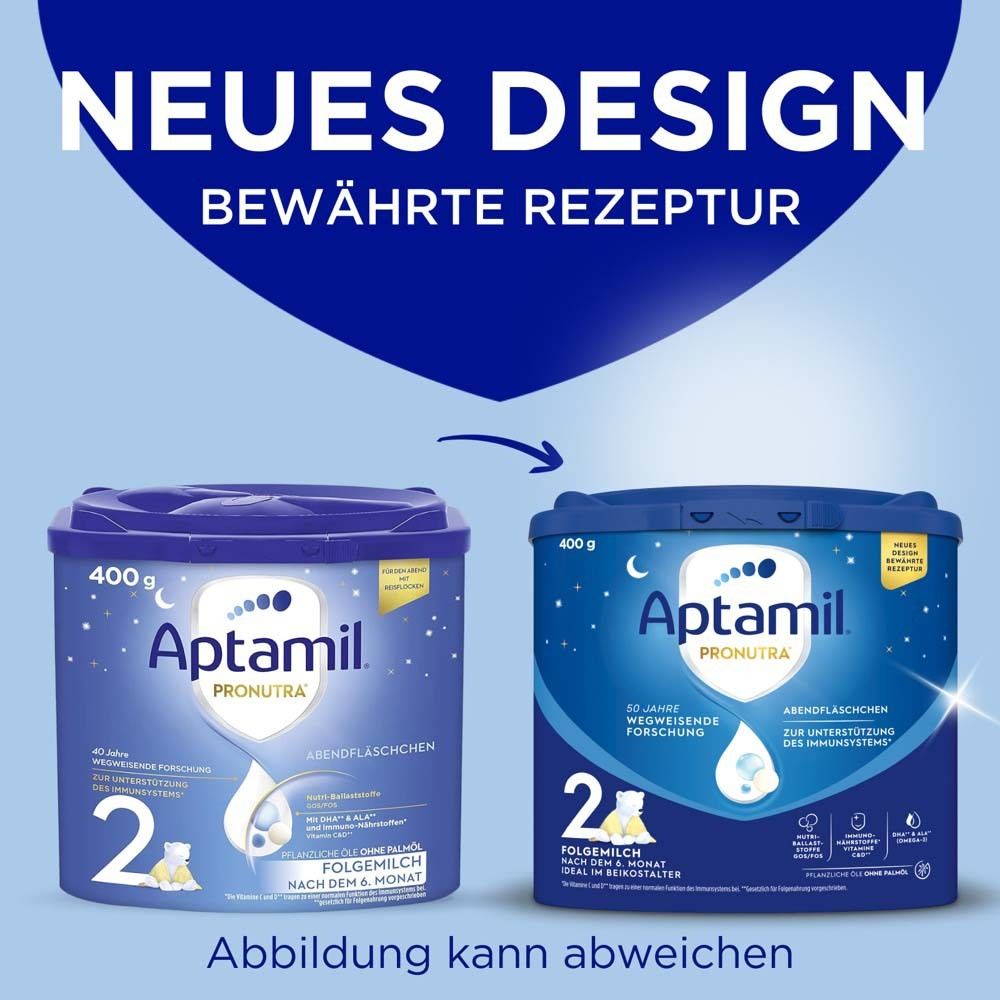 Vergleich von zwei Aptamil Abendfläschchen 2 Dosen. Neues Design. Text: Bewährte Rezeptur. Abbildung kann abweichen.
