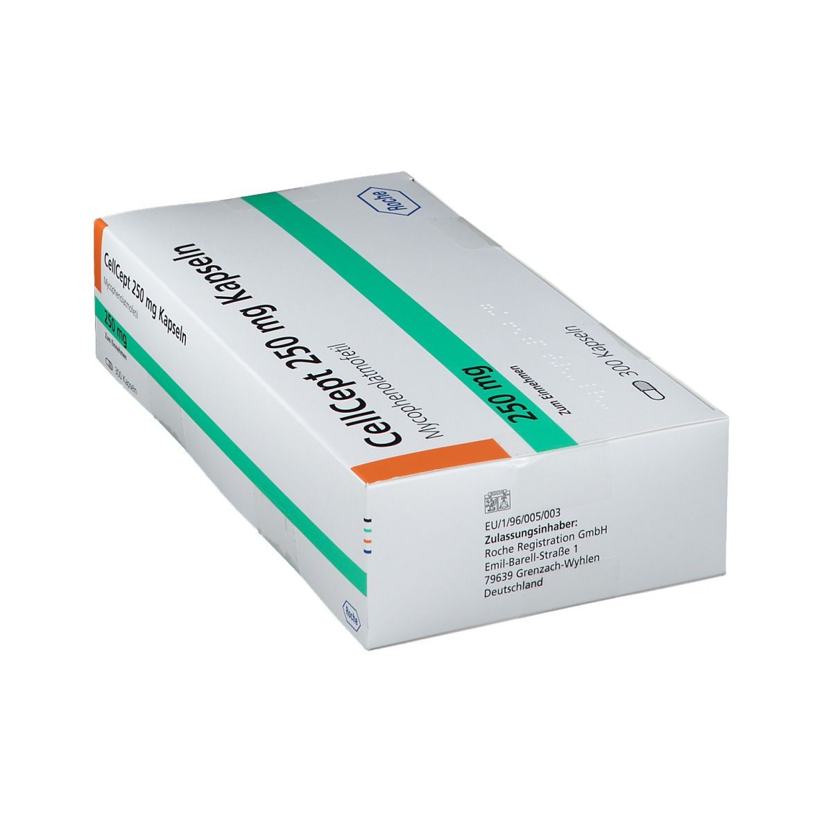 CellCept 250 mg Kapseln-Packung. Enthält 300 Kapseln. Orange und grüne Akzente. Roche-Logo.