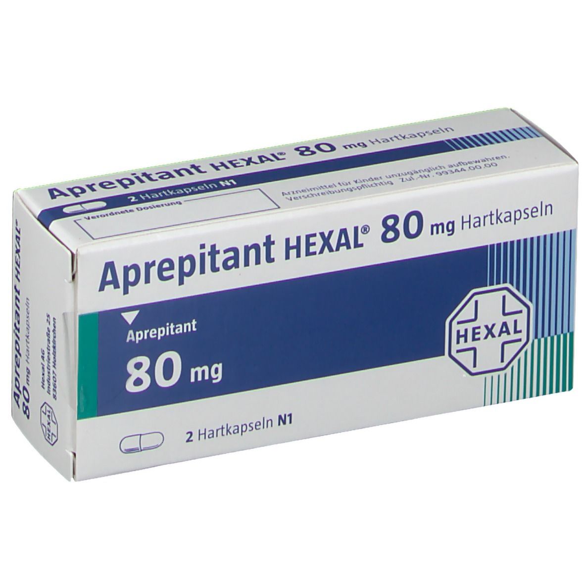 Aprepitant HEXAL 80 mg Hartkapseln-Verpackung. Blaue und weiße Schachtel mit Produktnamen, Dosierung und HEXAL-Logo.