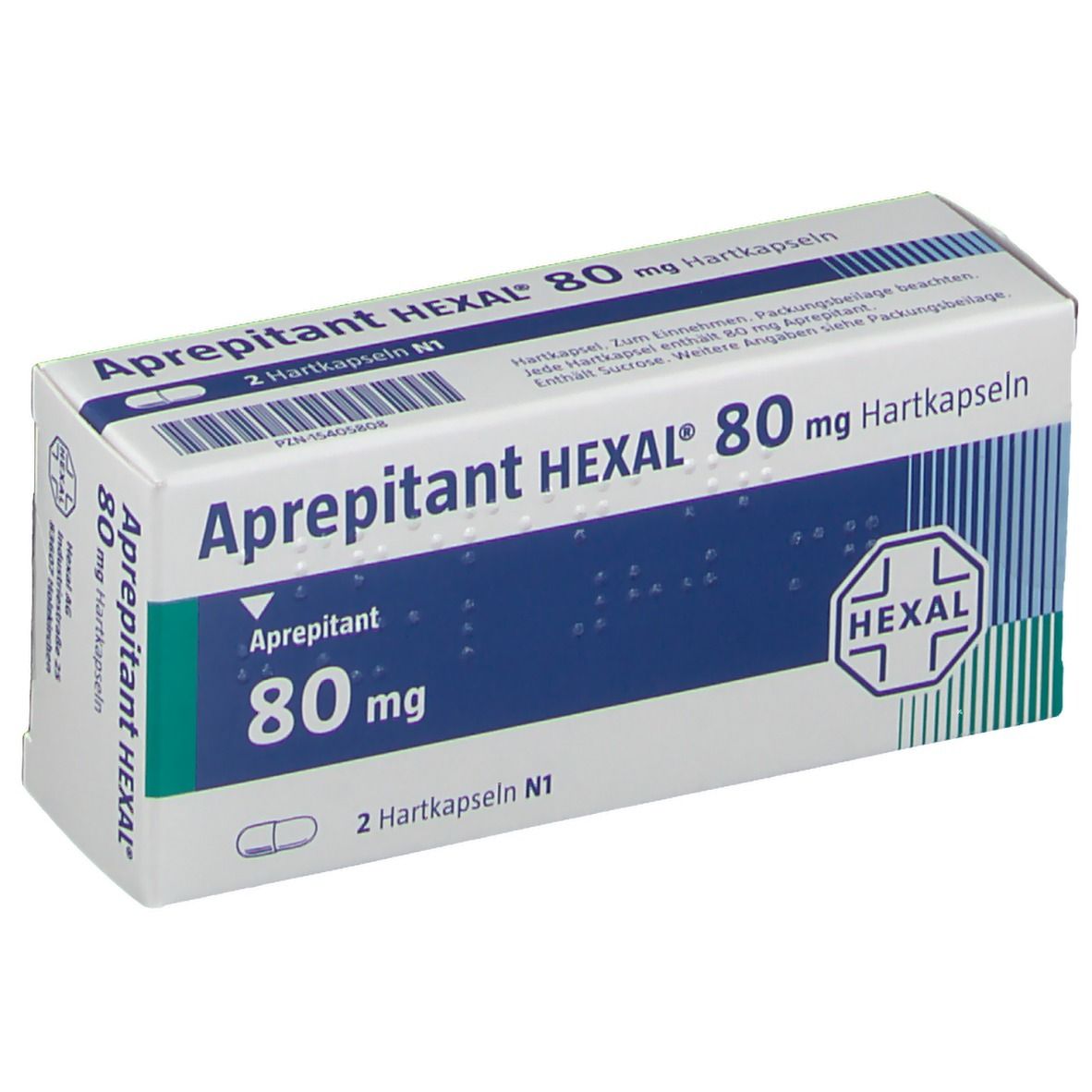 Aprepitant HEXAL 80 mg Hartkapseln-Verpackung. Weiße und blaue Schachtel mit Produktnamen, Dosierung und HEXAL-Logo.