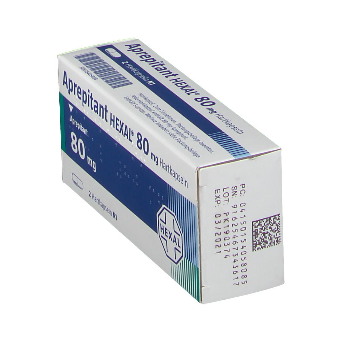 Aprepitant HEXAL 80 mg Hartkapseln-Verpackung, schräg. Weiße und blaue Schachtel mit Produktinformationen und HEXAL-Logo.