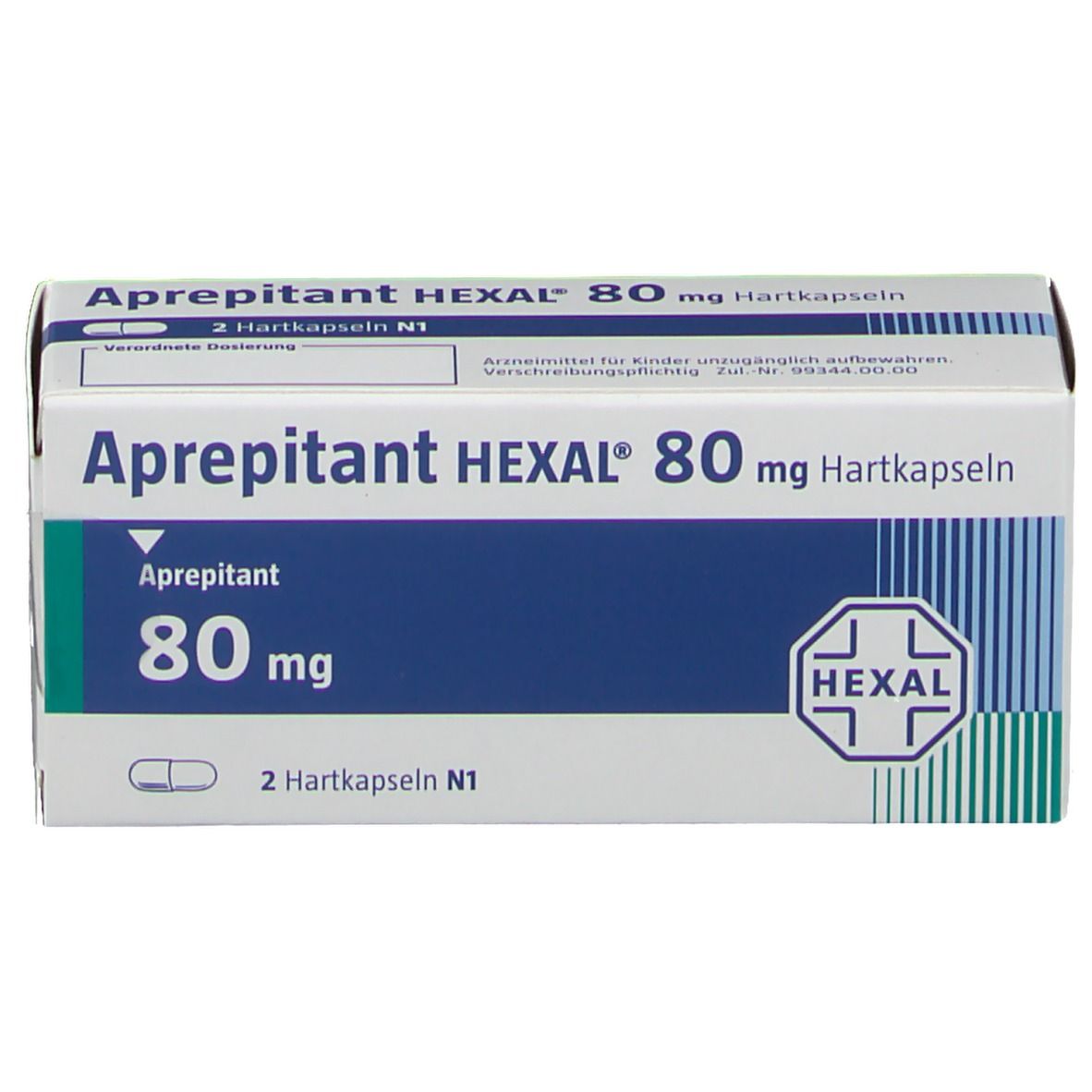 Aprepitant HEXAL 80 mg Hartkapseln-Verpackung. Weiße und blaue Schachtel mit Produktnamen, Dosierung und HEXAL-Logo.
