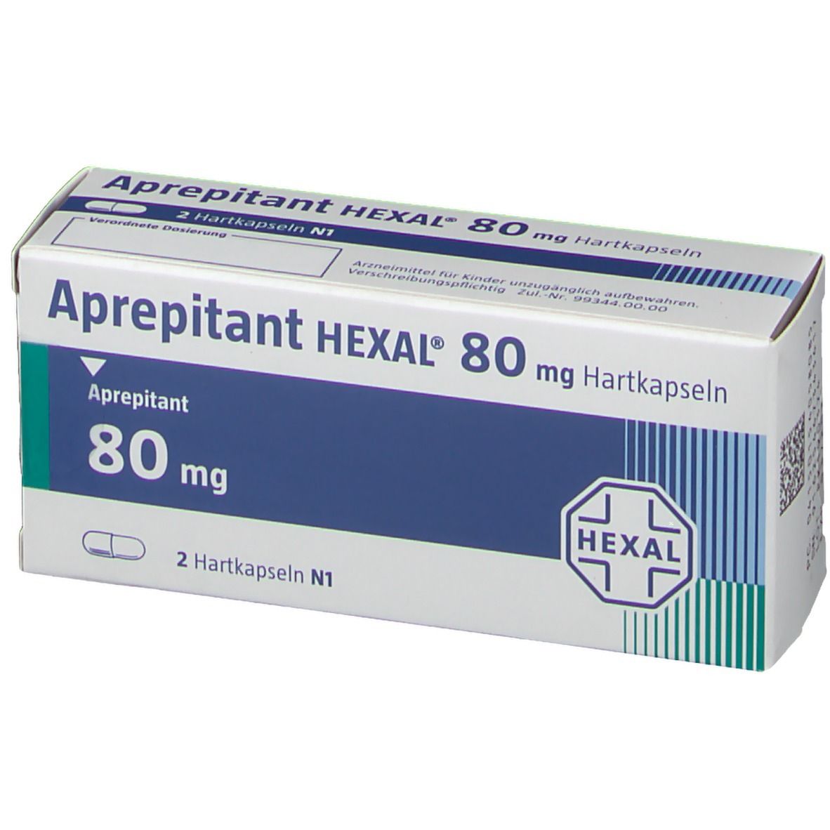 Aprepitant HEXAL 80 mg Hartkapseln-Verpackung. Weiße und blaue Schachtel mit Produktnamen, Dosierung und HEXAL-Logo.