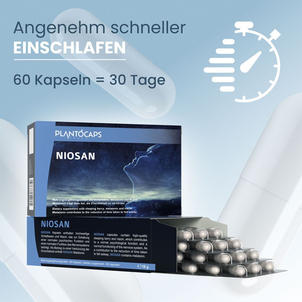 PlantoCaps NIOSAN Verpackung, Seitenansicht mit Haltbarkeitsdatum und Barcode.