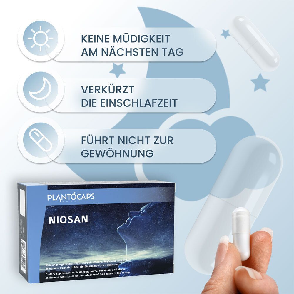 Rückseite der PlantoCaps NIOSAN Verpackung mit Zutatenliste und Nährwertangaben.