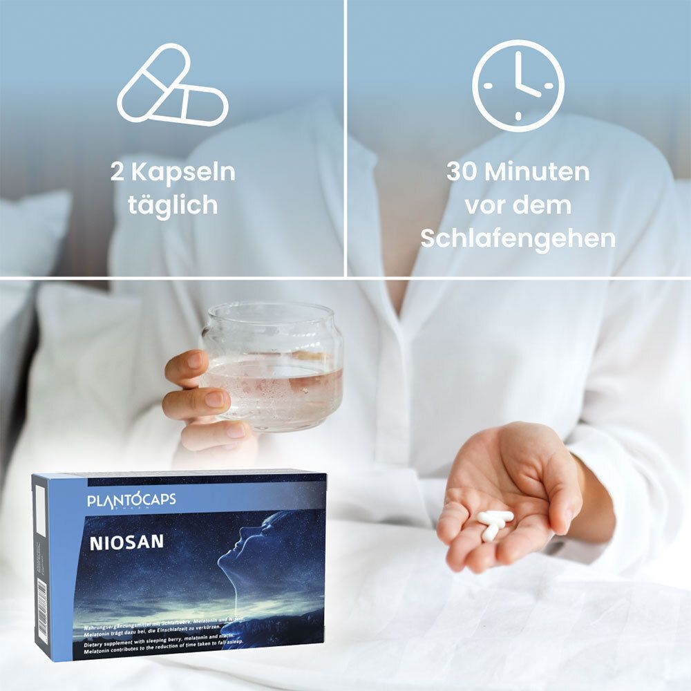 PlantoCaps NIOSAN Verpackung mit Sternenhimmel-Design und schlafender Profil-Illustration.