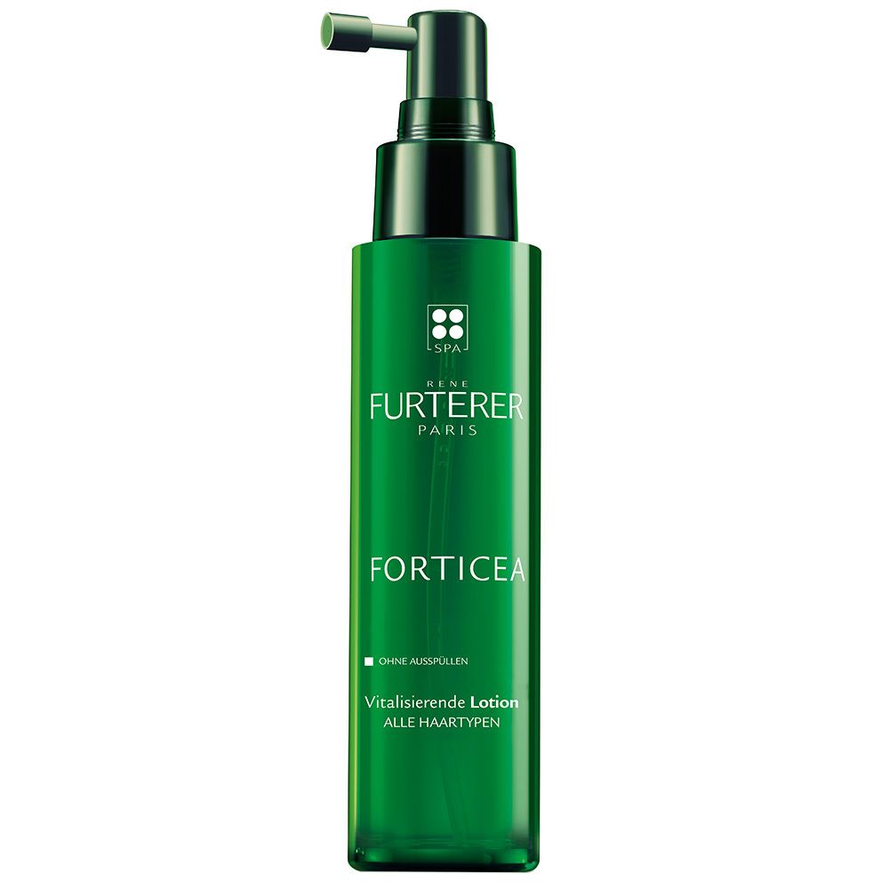 Grüne Flasche mit schwarzem Sprühkopf. Aufschrift: FORTICEA, Vitalisierende Lotion, alle Haartypen. Marke: RENE FURTERER.