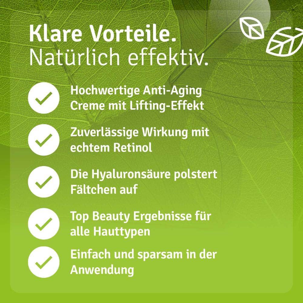 Produkt und Text. Casida Retinol Creme mit Hyaluron. Hochwertige Anti-Aging Creme mit Lifting-Effekt. Für alle Hauttypen.