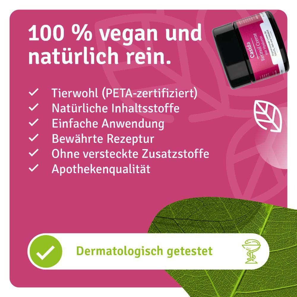 Produkt und Text. Casida Retinol Creme mit Hyaluron. 100% vegan und natürlich rein. Dermatologisch getestet.