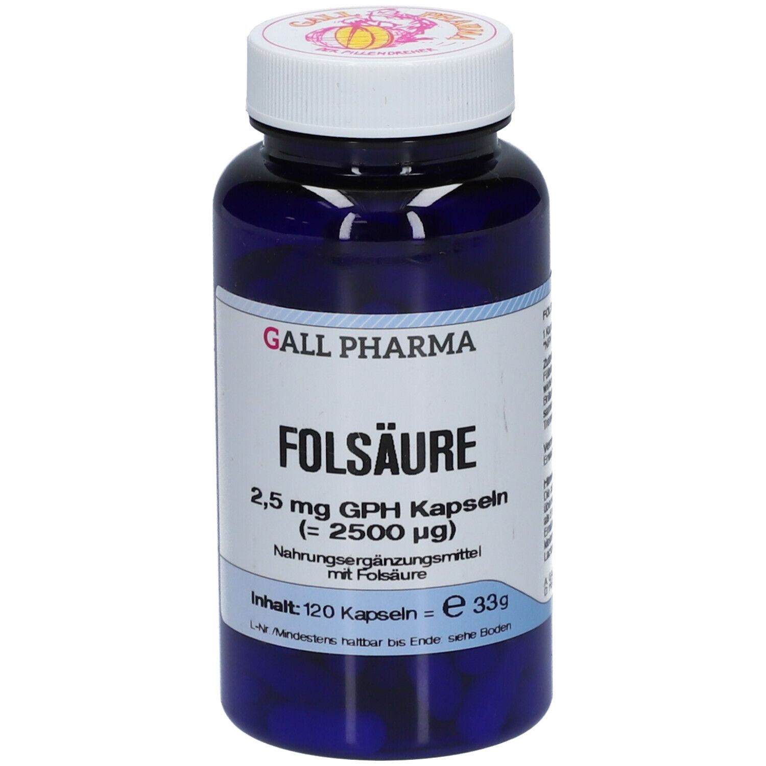 Blaue Flasche mit weißem Etikett. Aufschrift: Folsäure 2,5 mg GPH Kapseln. 120 Kapseln.