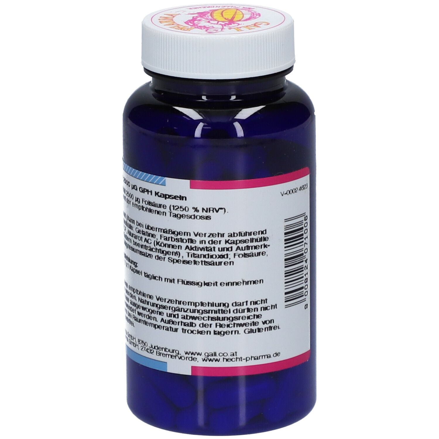 Blaue Flasche mit weißem Etikett. Aufschrift: Folsäure 2,5 mg GPH Kapseln. 120 Kapseln. Rückseite mit Text.