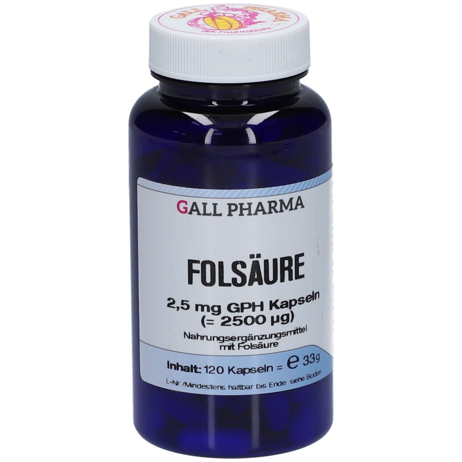 Blaue Flasche mit weißem Etikett. Aufschrift: Folsäure 2,5 mg GPH Kapseln. 120 Kapseln.
