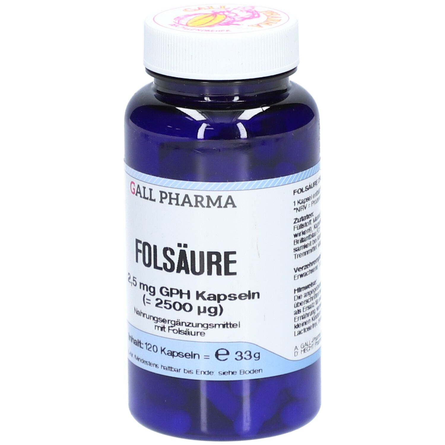 Blaue Flasche mit weißem Etikett. Aufschrift: Folsäure 2,5 mg GPH Kapseln. 120 Kapseln.