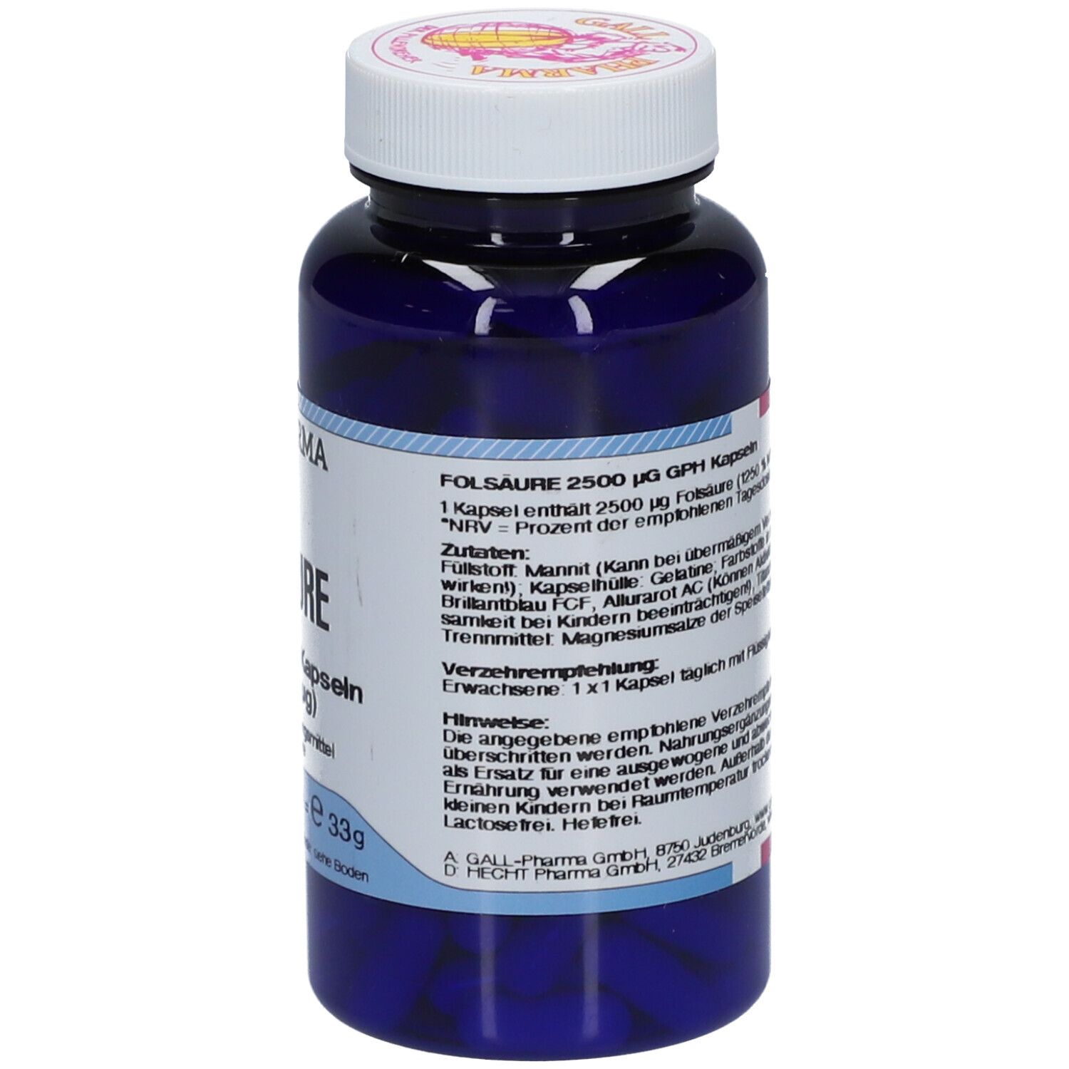 Blaue Flasche mit weißem Etikett. Aufschrift: Folsäure 2,5 mg GPH Kapseln. 120 Kapseln. Rückseite mit Text.