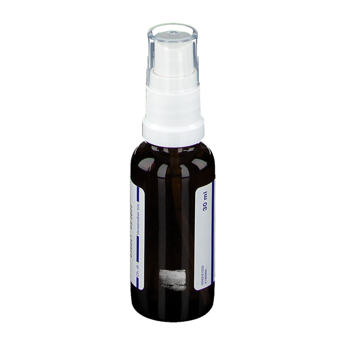 Braune Sprühflasche mit weißem Sprühkopf. Aufkleber mit Produktinformationen und 30 ml.