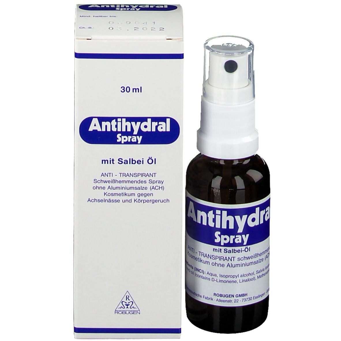 Produktverpackung und Sprühflasche. Verpackung mit Beschriftung: Antihydral Spray, mit Salbei-Öl.