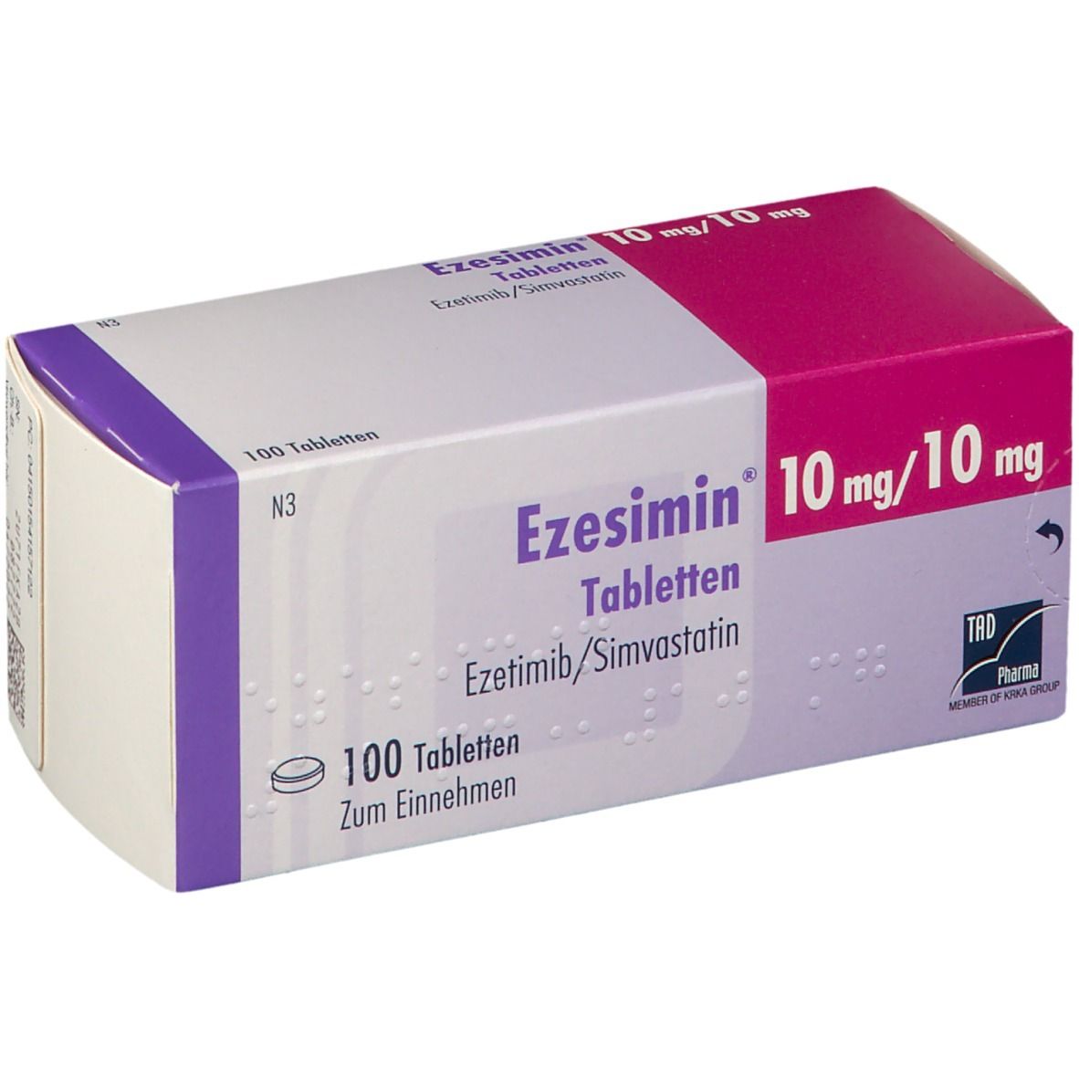 Schachtel Ezesimin 10 mg/10 mg Tabletten. Aufschrift: 100 Tabletten, Ezetimib/Simvastatin. Farbgebung: Weiß, Lila, Pink.