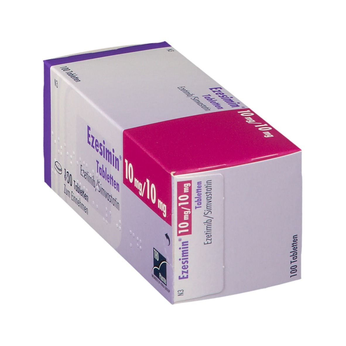 Ezesimin 10 mg/10 mg Tabletten Schachtel, 100 Stück, Seitenansicht.